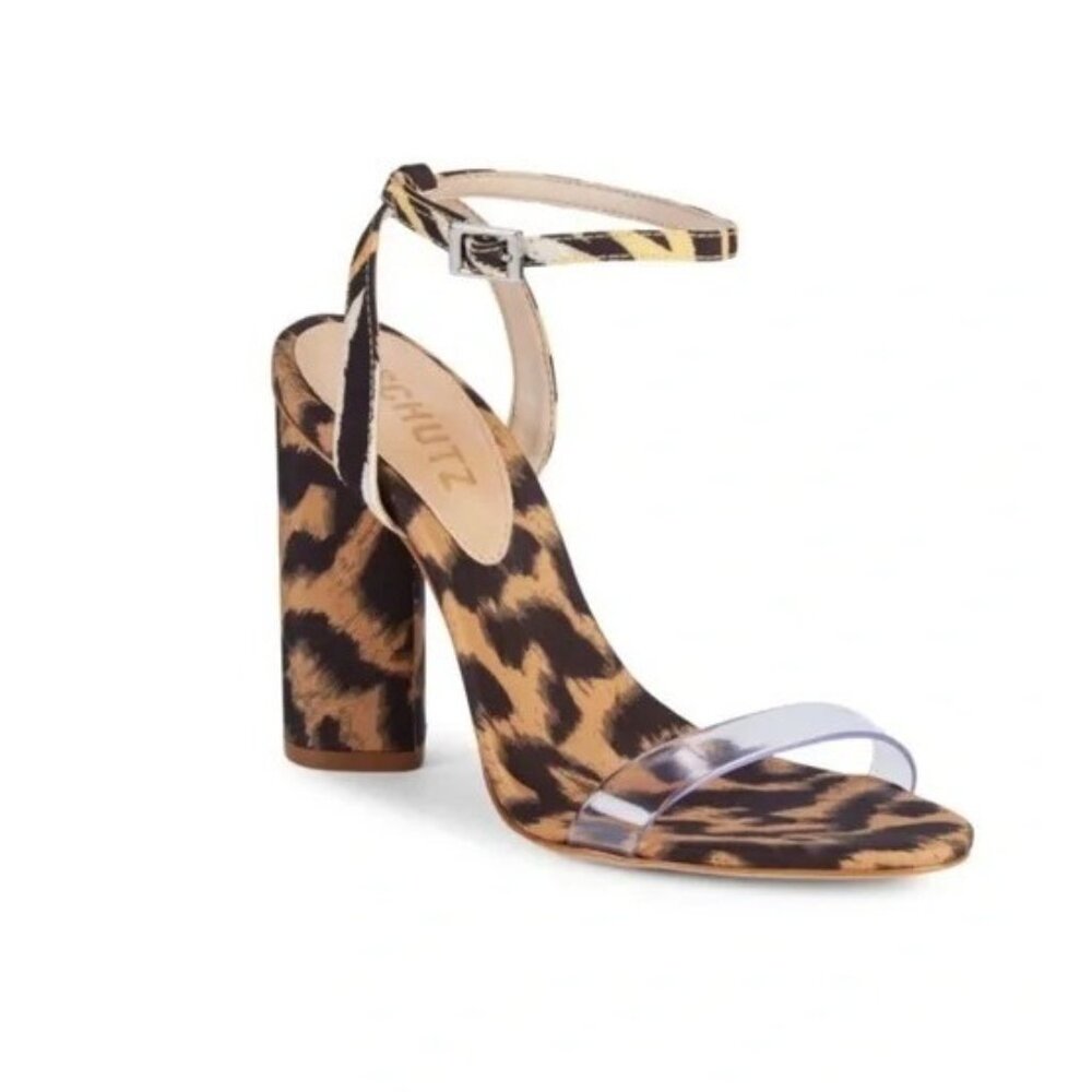 Schutz Leopard Print Stack Block Heel Strappy Pum… - image 2